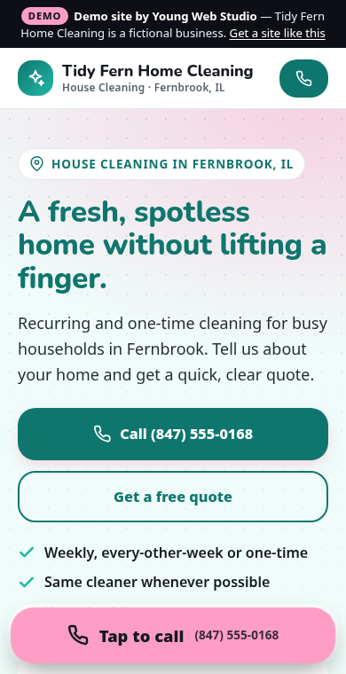 Phone screenshot of the Tidy Fern Home Cleaning demo site