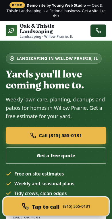 Phone screenshot of the Oak & Thistle Landscaping demo site